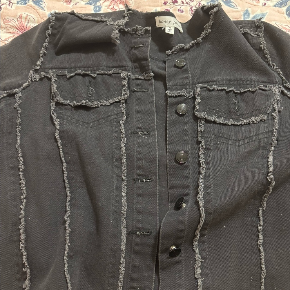 Honey Punch Black Jean Jacket with Frayed Details